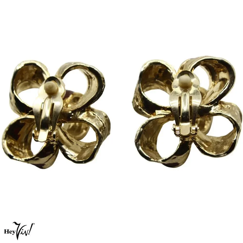 Vintage Gold Tone Burgundy Enamel Bow Clip-On Earrings 1.5